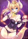  1girl :3 artist_name ass_visible_through_thighs biting black_panties blonde_hair blue_eyes blurry blush bowsette breasts collar collarbone crown depth_of_field earrings eyebrows_visible_through_hair fang glint groin hair_between_eyes highres holding horns jewelry long_hair looking_at_viewer super_mario_bros. medium_breasts mushroom navel new_super_mario_bros._u_deluxe orendi_laran panties ponytail signature slit_pupils solo spiked_armlet spiked_collar spikes star starman_(mario) striped striped_panties super_crown super_mushroom sweatdrop tail underwear 
