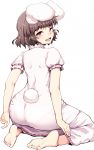  1girl :d animal_ears arms_at_sides ass back bangs bare_arms barefoot bright_pupils brown_hair bunny_tail commentary_request dress eyebrows_visible_through_hair frilled_sleeves frills from_behind full_body highres inaba_tewi long_dress looking_at_viewer looking_back nanahi_toshi open_mouth pantylines pink_dress puffy_short_sleeves puffy_sleeves rabbit_ears red_eyes ribbon-trimmed_dress short_hair short_sleeves simple_background sitting smile soles solo tail tail_through_clothes toes touhou upper_teeth white_background white_pupils 