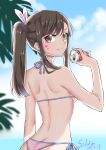 1girl absurdres artist_name ass back bangs bikini blizzard_(company) breasts brown_eyes brown_hair bunny_hair_ornament butt_crack can cute d.va_(overwatch) dated day facepaint facial_mark from_behind hair_ornament highres long_hair looking_at_viewer looking_back outdoors overwatch palm_tree piao_qi_jiangjun pouring side-tie_bikini sideboob sidelocks smile solo string_bikini summer swept_bangs swimsuit tree twintails upper_body whisker_markings 