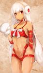  1girl altera_(fate) altera_the_santa artrageousgirl bangs bare_shoulders blunt_bangs breasts choker collarbone commentary_request dark_skin detached_sleeves earmuffs fate/grand_order fate_(series) feet_out_of_frame full_body_tattoo gloves headdress hip_focus jewelry looking_at_viewer midriff navel parted_lips red_eyes revealing_clothes short_hair small_breasts solo stomach stomach_tattoo tan tattoo thighs veil white_hair 