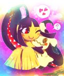  ? artist_name black_hair blush commentary_request extra_mouth flying_sweatdrops full_body gen_3_pokemon gen_7_pokemon hakkasame heart hug knees_up looking_at_another mawile mimikyu one_eye_closed pink_background pokemon pokemon_(creature) red_eyes sharp_teeth smile spoken_heart spoken_question_mark stick teeth twitter_username 
