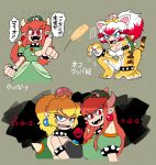  2girls animal_ears blonde_hair blue_earrings blue_eyes bowser_peach bowsette breast_press cat_ears cat_teaser character_name claw_pose claws clenched_hand commentary_request dress fangs green_dress green_headwear hat long_hair super_mario_bros. meowser multiple_girls new_super_mario_bros._u_deluxe partially_translated pearl_earrings pointing pointing_at_viewer pointy_ears ponytail possessed princess_peach prototype rariatto_(ganguri) red_earrings red_eyes redhead shaded_face sharp_teeth shell spiked_shell squatting strapless strapless_dress super_crown super_mario_3d_world super_mario_odyssey symmetrical_docking teeth translation_request turtle_shell whiskers 
