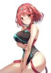  1girl between_legs black_swimsuit blush breasts earrings hand_between_legs highres holding_own_arm pyra_(xenoblade) jewelry large_breasts luzi one-piece_swimsuit red_eyes redhead short_hair sidelocks skindentation swimsuit white_background xenoblade_(series) xenoblade_2 