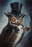  absurdres acrylic_paint_(medium) adlovett bird bird_focus commentary deviantart_username english_commentary feet_out_of_frame hat highres looking_at_viewer monocle no_humans original owl pipe signature solo standing top_hat traditional_media yellow_eyes 
