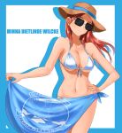  1girl bikini blush breasts groin hat highres hiroshi_(hunter-of-kct) large_breasts long_hair minna-dietlinde_wilcke navel open_mouth red_eyes redhead simple_background solo straw_hat strike_witches sunglasses swimsuit swimwear white_background white_bikini world_witches_series 
