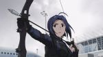  1girl ahoge aircraft airplane airport alternate_costume arm_up arrow black_gloves blue_hair blurry blurry_background bow_(weapon) captain_america_civil_war clouds cosplay crossover day drawing_bow eyebrows_visible_through_hair gloves grey_sky hand_up hawkeye_(marvel) hawkeye_(marvel)_(cosplay) holding holding_bow_(weapon) holding_weapon idolmaster left-handed long_sleeves marvel miura_azusa outdoors outstretched_arm parody parted_lips quiver red_eyes shiny shiny_hair short_hair solo taku1122 teeth upper_body weapon 