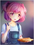  1girl artist_name commentary doki_doki_literature_club english_commentary food hair_ornament hair_ribbon hairclip holding index_finger_raised looking_at_viewer natsuki_(doki_doki_literature_club) open_mouth overalls pink_eyes pink_hair red_ribbon ribbon shirt short_hair short_sleeves solo sushi takuyarawr two_side_up upper_body white_shirt 