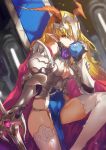  1girl armor blonde_hair breasts character_request claws cleavage_cutout copyright_request holding horn long_hair looking_at_viewer ohland pointy_ears sword weapon yellow_eyes 
