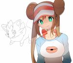  1girl blush breasts bright_pupils brown_hair collarbone double_bun gen_5_pokemon green_eyes hat light_blush long_hair long_sleeves looking_at_viewer medium_breasts multicolored_shirt pink_headwear poke_ball_symbol poke_ball_theme pokemon pokemon_(creature) pokemon_special simple_background smile solo_focus tied_hair upper_body visor_cap whi-two_(pokemon) white_background yuhi_(hssh_6) zorua 
