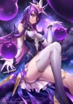  1girl bare_shoulders breasts elbow_gloves eyepatch facial_mark familiar gloves hair_ornament highres impossible_clothes impossible_shirt league_of_legends long_hair looking_at_viewer magical_girl medium_breasts oopartz_yang patreon_username purple_hair shirt single_thighhigh sitting skirt sky smile solo star_(sky) star_guardian_(league_of_legends) star_guardian_syndra starry_sky syndra thigh-highs thighlet violet_eyes watermark web_address 