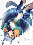  1girl absurdres bangs blue_eyes blue_hair bodysuit boku_no_hero_academia breasts commentary_request covered_navel feet_out_of_frame gloves hadou_nejire hakase_(kamakura0117) highres horns long_hair looking_at_viewer medium_breasts orange_gloves pouch simple_background smile solo thigh_strap upper_teeth upside-down very_long_hair 
