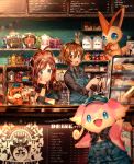  1boy 1girl ahoge alcohol antenna_hair apron arm_up artist_name audino bad_id bad_pixiv_id bag bangs black_eyes black_neckwear black_shirt blue_apron blue_eyes blue_headwear blush bottle bread brown_eyes brown_hair cafe cake chalkboard chin_rest closed_mouth clothed_pokemon coffee coffee_maker_(object) commentary_request counter cup cupcake drinking_glass eating employee_uniform english_text flour food gen_5_pokemon hand_up hands_up happy hat high_ponytail holding honey honey_dipper indoors jam jar kettle long_sleeves looking_at_another looking_at_viewer menu_board naru_(andante) neckerchief open_mouth overalls paper_bag patrat pokemon pokemon_(creature) pokemon_(game) pokemon_bw ponytail red_sclera sandwich shelf shiny shiny_hair shirt short_hair signature sitting smile spoon standing string_of_flags teeth tied_hair touko_(pokemon) touya_(pokemon) uniform victini wristband 