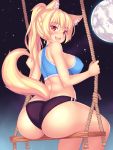  1girl animal_ear_fluff animal_ears ass blonde_hair blush breasts buruma cat_ears cat_tail eyebrows_visible_through_hair fast-runner-2024 from_behind full_moon highres large_breasts long_hair looking_at_viewer looking_back moon open_mouth original ponytail red_eyes sitting sky slit_pupils solo sports_bra star_(sky) starry_sky swing tail tiffy 