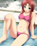  1girl :p arms_behind_back bangs bare_legs bikini blue_eyes blush breasts brown_hair collarbone corey_sniper day digdug006 eyebrows_visible_through_hair groin leg_up legs long_hair looking_at_viewer navel outdoors parted_bangs pink_bikini pool shiny shiny_skin sitting smile solo swimsuit thighs tongue tongue_out under_boob water wet wrestle_angels 