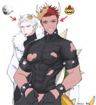  2boys boo bowser crown fur_trim grin kyou_(ningiou) male_focus super_mario_bros. multiple_boys muscle personification pixel_art red_eyes redhead sharp_teeth simple_background smile teeth torn_clothes white_background white_hair 