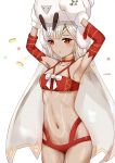  1girl altera_(fate) altera_the_santa animal armpits arms_up bangs bare_shoulders blush breasts choker collarbone detached_sleeves earmuffs eyebrows_visible_through_hair fate/grand_order fate_(series) feet_out_of_frame full_body_tattoo headdress highres holding holding_animal kumei legs lingerie midriff narrow_waist navel open_mouth red_eyes sheep shiny shiny_hair short_hair simple_background small_breasts solo standing tan tattoo underwear white_hair 