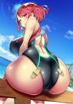  1girl aburisamon ass bangs bare_shoulders beach blue_sky blush breasts clouds commentary_request day fence from_behind half-closed_eyes highres hip_focus pyra_(xenoblade) large_breasts looking_at_viewer looking_back naughty_face ocean one-piece_swimsuit outdoors red_eyes redhead short_hair sitting skin_tight sky smile solo swept_bangs swimsuit wide_hips wooden_fence xenoblade_(series) xenoblade_2 