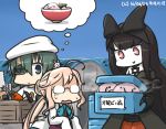  3girls ahoge animal animal_on_head aqua_eyes bare_shoulders black_hair blobfish blue_sky bow bowtie box bunny_on_head chibi claw_hammer commentary_request dated day double_bun dress eyepatch flying_sweatdrops food glasses green_hair hair_bow hammer hamu_koutarou kantai_collection kiso_(kantai_collection) long_hair makigumo_(kantai_collection) multiple_girls noodles on_head open_mouth pink_hair rabbit ramen red_eyes ruler saw school_uniform screwdriver seaplane_tender_hime shinkaisei-kan shirt sky sleeveless sleeveless_dress sleeves_past_fingers sleeves_past_wrists spoken_food sweat thought_bubble tools translated turn_pale twintails white_shirt 