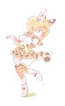  1girl animal_ear_fluff animal_ears bare_shoulders belt blonde_hair boots bow bowtie commentary_request elbow_gloves eyebrows_visible_through_hair full_body gloves high-waist_skirt kemono_friends mitsumoto_jouji multicolored_hair paw_pose serval_(kemono_friends) serval_ears serval_print serval_tail shoe_bow shoes short_hair skirt sleeveless solo standing standing_on_one_leg tail thigh-highs zettai_ryouiki 