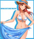  1girl bikini blush breasts groin hat highres hiroshi_(hunter-of-kct) large_breasts long_hair minna-dietlinde_wilcke navel open_mouth red_eyes redhead simple_background solo straw_hat strike_witches swimsuit swimwear white_background white_bikini world_witches_series 