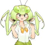  1girl :d antennae black_eyes bow bowtie claw_pose clothes_around_waist collared_shirt evolvingmonkey green_hair green_nails hands_up highres insect_girl looking_at_viewer mantis_akiyama nail_polish open_mouth original praying_mantis school_uniform sharp_teeth shirt simple_background sleeves_rolled_up smile solo sweater_around_waist teeth twintails upper_body white_background 