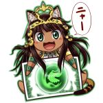  1girl :3 :d barefoot bastet_(p&amp;d) blush_stickers bracelet brown_hair chibi commentary_request crown egyptian_clothes eyebrows_visible_through_hair fang green_eyes green_outline jewelry long_hair looking_at_viewer necklace nyan open_mouth puzzle_&amp;_dragons simple_background smile solo speech_bubble tottsuman translated white_background 