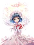  1boy absurdres angel_wings bangs bare_shoulders blue_hair bride collarbone collared_shirt commission crying crying_with_eyes_open dress flower frills gloves gradient_hair green_eyes hair_flower hair_ornament hands_on_own_chest hieihirai highres looking_at_viewer multicolored_hair open_mouth otoko_no_ko ribbon ryoune_yami shirt smile tearing_up tears upper_body utau veil wings 