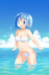  1girl absurdres bikini blue_eyes blue_hair blue_sky blush breasts clouds collarbone day gloamy groin hair_ornament hairclip highres looking_at_viewer mahou_shoujo_madoka_magica medium_breasts miki_sayaka navel ocean open_mouth short_hair side-tie_bikini sky smile solo swimsuit swimwear thighs wading water wet white_bikini 