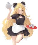  1girl adapted_costume alternate_costume apron black_dress black_footwear blonde_hair bun_cover commentary_request double_bun dress floral_print hair_bun highres holding holding_teapot holding_tray kanpa_(campagne_9) kirisame_marisa long_hair one_eye_closed smile solo teapot touhou tray very_long_hair white_apron white_background yellow_eyes 
