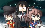  3girls :d alternate_costume black_hair black_headwear blue_eyes blue_sailor_collar blue_shirt blue_skirt brown_hair commentary_request dated floral_print gangut_(kantai_collection) glasses hairband hamu_koutarou hat highres hitodama holding holding_paper japanese_clothes kantai_collection kimono long_hair long_sleeves multiple_girls necktie obi ooyodo_(kantai_collection) open_mouth orange_eyes paper peaked_cap pleated_skirt red_neckwear sailor_collar saratoga_(kantai_collection) sash shaded_face shirt side_ponytail skirt smile sweat sweating_profusely translated white_hair white_hairband wide_sleeves yukata 
