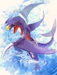  arms_up black_sclera blue_background claws dragon full_body garchomp gen_4_pokemon highres looking_at_viewer motion_blur nagakura_(seven_walkers) no_humans open_mouth pokemon pokemon_(creature) sharp_teeth solo spikes standing teeth wading water yellow_eyes 