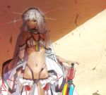  1girl absurdres altera_(fate) bangs bare_shoulders black_nails blunt_bangs breasts choker collarbone commentary_request dark_skin detached_sleeves fate/extella fate/extra fate_(series) full_body_tattoo headdress highres hip_focus jewelry ka_(mauve_p) midriff nail_polish navel photon_ray red_eyes revealing_clothes short_hair showgirl_skirt simple_background skirt small_breasts solo sword tan tattoo thighs veil weapon white_hair wide_hips 