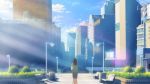  1girl bag bench blue_skirt brown_hair city day facing_away handbag isai_shizuka lamppost light_rays long_sleeves medium_hair original outdoors railing scenery skirt solo standing sunbeam sunlight trash_can 