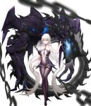  1girl absurdres aegir_(azur_lane) arm_up azur_lane bangs bare_shoulders black_legwear bodystocking breasts chain closed_mouth collar collarbone demon_horns eyebrows_visible_through_hair full_body hair_between_eyes highres holding holding_ribbon horns jin_mu_mulin large_breasts lips long_hair looking_at_viewer navel pantyhose ribbon silver_hair solo standing very_long_hair white_background yellow_eyes 