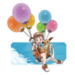  1girl :3 artist_request ayumi_(pokemon) backpack bag balloon baseball_cap black_shirt blue_shorts blue_sky brown_eyes brown_hair chestnut_mouth child clouds commentary day eevee english_commentary flat_chest floating full_body gen_1_pokemon hand_up happy hat highres looking_down mizutani_megumi official_art open_mouth outdoors outline poke_ball_symbol poke_ball_theme pokemon pokemon_(creature) pokemon_(game) pokemon_lgpe ponytail red_footwear redhead shiny shiny_hair shirt shoes short_shorts short_sleeves shorts sitting sky smile teeth tied_hair tiptoes transparent_background violet_eyes white_outline 