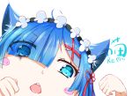  1girl ahoge animal_ears aqua_eyes asymmetrical_bangs bangs blue_hair blunt_bangs blush_stickers cat_ears cat_girl character_name chestnut_mouth chinese_commentary close-up commentary_request eyebrows_visible_through_hair eyelashes eyes_visible_through_hair face flower_knot hair_ornament hair_over_one_eye hair_ribbon hands_up highres kemonomimi_mode kotori_photobomb lez looking_at_viewer maid maid_headdress open_mouth paw_pose re:zero_kara_hajimeru_isekai_seikatsu red_ribbon rem_(re:zero) ribbon round_teeth shiny shiny_hair short_hair simple_background sketch_eyebrows solo teeth translated v-shaped_eyebrows white_background x_hair_ornament 