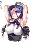  1girl armpits arms_up blush breasts closed_mouth ebifurya eyebrows_visible_through_hair headgear highres kantai_collection large_breasts looking_at_viewer mechanical_halo purple_hair remodel_(kantai_collection) school_uniform short_hair simple_background sleeveless smile solo tatsuta_(kantai_collection) violet_eyes white_background 