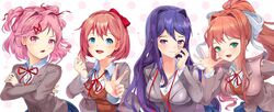  4girls :d anadaginda blue_eyes bow brown_hair commentary crossed_arms doki_doki_literature_club english_commentary green_eyes grey_jacket hair_bow hair_ornament hair_ribbon hairclip highres jacket leaning_forward long_hair looking_at_viewer monika_(doki_doki_literature_club) multiple_girls natsuki_(doki_doki_literature_club) open_mouth pink_eyes pink_hair polka_dot polka_dot_background ponytail purple_hair red_bow red_ribbon ribbon sayori_(doki_doki_literature_club) school_uniform short_hair smile two_side_up violet_eyes w waving white_ribbon yuri_(doki_doki_literature_club) 