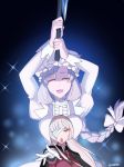  2girls apron bandage_over_one_eye bangs braid breasts closed_eyes dress fate/grand_order fate_(series) florence_nightingale_(fate/grand_order) hat hataraku_saibou highres kyou_(ningiou) large_breasts long_hair long_sleeves macrophage_(hataraku_saibou) military military_uniform mob_cap multiple_girls open_mouth red_eyes single_braid uniform weapon 