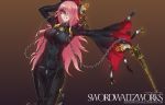  1girl bayonetta black_bodysuit black_gloves black_sclera blazblue bodysuit breasts cape chain commentary cosplay dual_wielding english_commentary glasses gloves grin gun hair_over_one_eye handgun highres holding jewelry konoe_a_mercury large_breasts long_hair looking_at_viewer open_mouth pink_hair rosa_(bayonetta) rosa_(bayonetta)_(cosplay) smile swordwaltzworks thigh-highs weapon yellow_eyes 