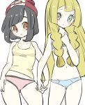  2girls bare_shoulders beanie black_hair blonde_hair blue_bra blue_panties blush bra braid breasts chorimokki collarbone commentary_request cowboy_shot green_eyes groin hand_up hat holding_hands lillie_(pokemon) long_hair looking_at_another looking_at_viewer looking_to_the_side mizuki_(pokemon) multiple_girls navel orange_eyes panties parted_lips poke_ball_symbol poke_ball_theme pokemon pokemon_(game) pokemon_sm red_headwear red_panties shiny shiny_hair shirt short_hair simple_background sketch sleeveless sleeveless_shirt small_breasts standing tied_hair twin_braids underwear underwear_only white_background yellow_shirt 