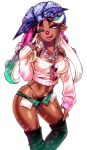  1girl :q bandana bikini_bottom breasts cephalopod_eyes chain_necklace chiba_toshirou commentary contrapposto dark_skin earrings highres hoop_earrings iida_(splatoon) jewelry kneehighs mole mole_under_mouth navel navel_piercing octarian off_shoulder one_eye_closed piercing pink_pupils pointy_ears short_shorts shorts solo sparkle splatoon_(series) splatoon_2 suction_cups sunglasses sweater tentacle_hair thick_eyebrows tongue tongue_out 