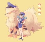  1girl arcanine belt black_eyes black_footwear blue_eyes blue_hair blue_headwear blue_jacket blue_skirt blush closed_mouth clothed_pokemon cosplay creatures_(company) crystal_(pokemon) fang flat_chest full_body game_freak gloves hair_tie hand_on_hip hand_up hat high_heels holding jacket junsaa_(pokemon) junsaa_(pokemon)_(cosplay) komasawa_(fmn-ppp) nintendo olm_digital pencil_skirt poke_ball_symbol pokemon pokemon_(anime) pokemon_(classic_anime) pokemon_(creature) pokemon_(game) pokemon_gsc police police_hat police_uniform policewoman pouch shoes short_sleeves side_slit simple_background skirt standing star tied_hair twintails uniform whistle white_gloves yellow_background 