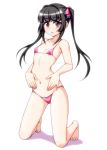  1girl bangs bare_shoulders bikini black_hair blush breasts commentary_request eyebrows_visible_through_hair hair_ribbon hands_on_stomach kneeling long_hair looking_at_viewer navel open_mouth pink_bikini pink_eyes ribbon senki_zesshou_symphogear small_breasts solo swimsuit tsukuyomi_shirabe twintails white_background zetsumu 