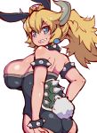  1girl adapted_costume animal_ears armlet ass back bangs bare_shoulders black_leotard blonde_hair blue_eyes bowsette bracelet breasts bunny_tail bunnysuit check_commentary clenched_teeth collar commentary commentary_request cowboy_shot crown earrings eyebrows_visible_through_hair fake_animal_ears fake_tail from_side fukurou_(owl222) grin hair_between_eyes high_ponytail highres horns impossible_clothes impossible_leotard jewelry large_breasts leotard looking_at_viewer looking_back looking_to_the_side super_mario_bros. medium_hair new_super_mario_bros._u_deluxe ponytail rabbit_ears sharp_teeth short_hair sideboob simple_background smile solo spiked_armlet spiked_bracelet spiked_collar spiked_shell spikes standing strapless strapless_leotard super_crown tail teeth turtle_shell v-shaped_eyebrows white_background 