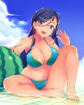  1girl bad_id bad_pixiv_id barefoot bikini black_hair blue_eyes blush breasts chiha_(abo_ecm_mk25) day food fruit glasses groin highres large_breasts long_hair looking_at_viewer navel ocean open_mouth saitou_kaede_(yama_no_susume) sky smile solo sweat swimsuit swimwear watermelon yama_no_susume 