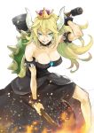  1girl absurdres bare_shoulders black_hair blonde_hair blue_eyes bowsette bracelet collar crown dress dual_wielding earrings grin hammer highres himiko_(326ontheweb) holding holding_weapon horns jewelry long_hair looking_at_viewer super_mario_bros. new_super_mario_bros._u_deluxe pointy_ears sleeveless sleeveless_dress smile solo spiked_bracelet spiked_collar spikes super_crown teeth turtle_shell weapon 