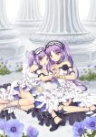  2girls alha anemone_(flower) anklet armlet bangs bare_arms bare_legs bare_shoulders black_choker black_footwear black_headband bracelet breasts choker closed_mouth commentary day dress euryale eyebrows_visible_through_hair fate/grand_order fate_(series) flower frilled_choker frilled_dress frilled_headband frills grass hair_ribbon hairband headband highres holding_hands jewelry legs lolita_fashion lolita_hairband long_hair looking_at_viewer multiple_girls open_mouth outdoors pillar pixiv_fate/grand_order_contest_1 plant purple_flower purple_hair ribbon siblings sleeveless sleeveless_dress small_breasts smile stheno thighlet twins twintails violet_eyes white_dress 
