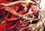  1boy 1girl bad_anatomy battle blank_eyes blood breasts carnage_(marvel) claws commentary crossover duel elfen_lied engrish_commentary fahad-naeem horns lucy_(elfen_lied) marvel mask open_mouth pink_eyes pink_hair realistic red_eyes sharp_teeth short_hair spider-man_(series) symbiote teeth tentacles vectors 