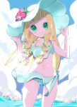  1girl adjusting_headwear ass_visible_through_thighs bikini blonde_hair blue_flower blue_sky blush braid chorimokki clouds commentary_request day flower grass green_eyes hair_flower hair_ornament hands_up happy hat hat_flower lillie_(pokemon) long_hair looking_at_viewer navel outdoors pink_flower poke_ball_symbol pokemon pokemon_(anime) pokemon_sm_(anime) purple_flower shiny shiny_skin side_braid sky smile solo standing sun_hat swimsuit thigh_gap tied_hair twin_braids water white_bikini white_flower white_headwear yellow_flower 